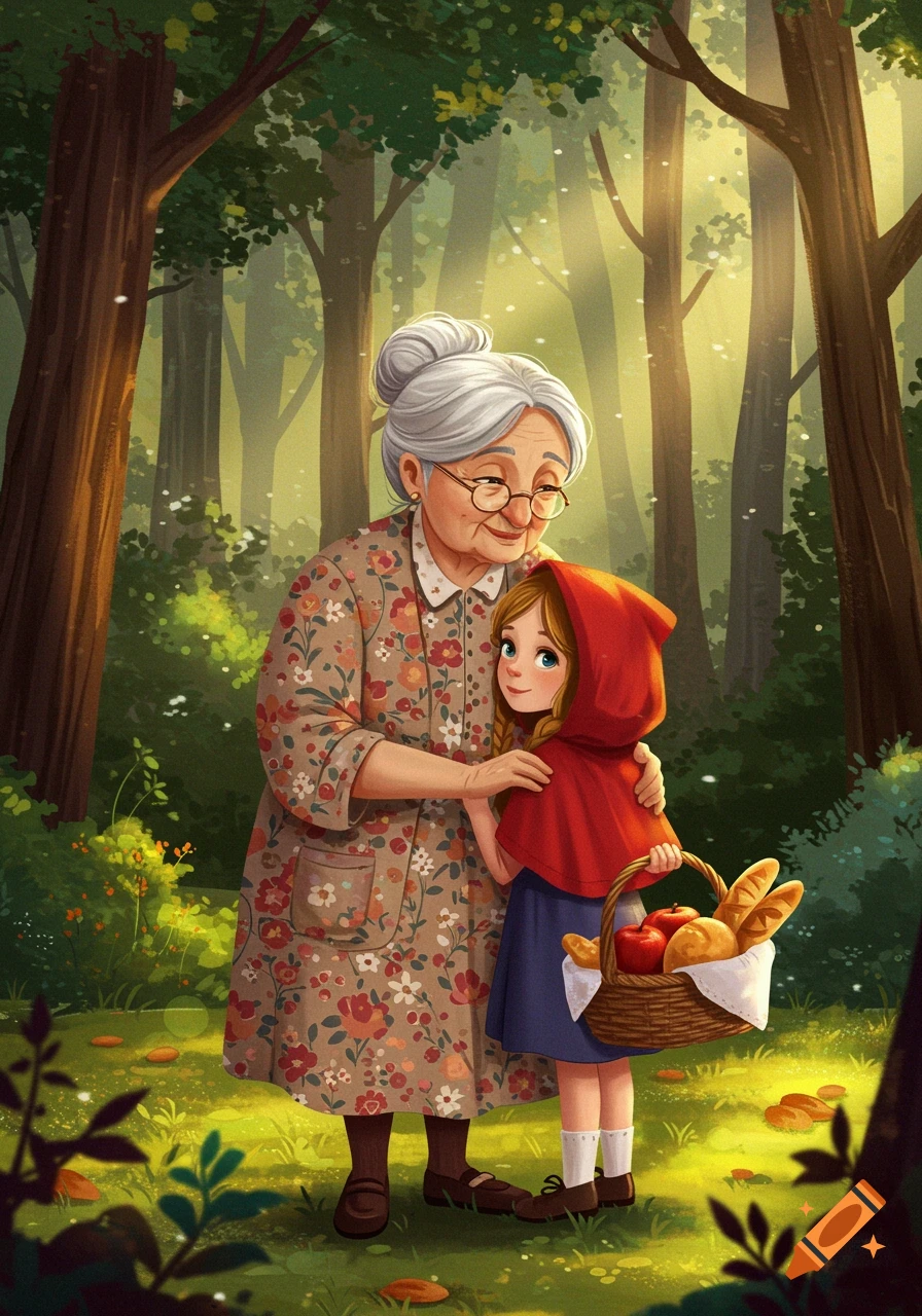 Illustration of Little Red Riding Hood and her grandmother in a sunlit forest with a basket of food.