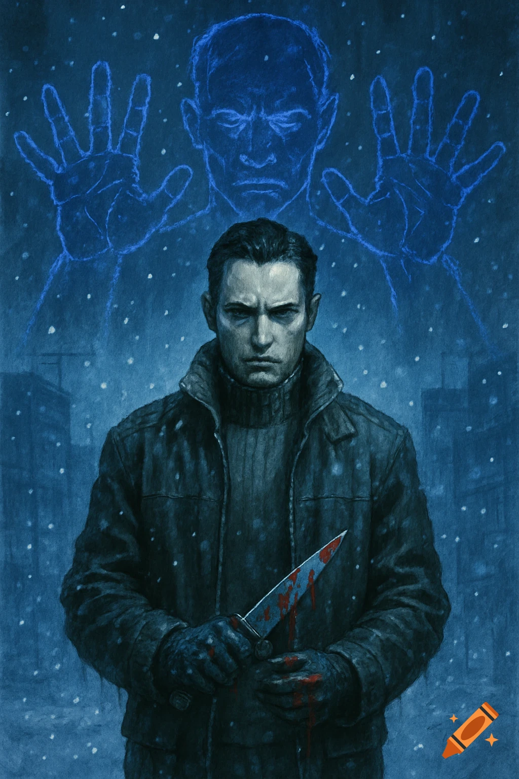 A man with a bloody knife stands in snow with a spectral figure behind him, digital painting.