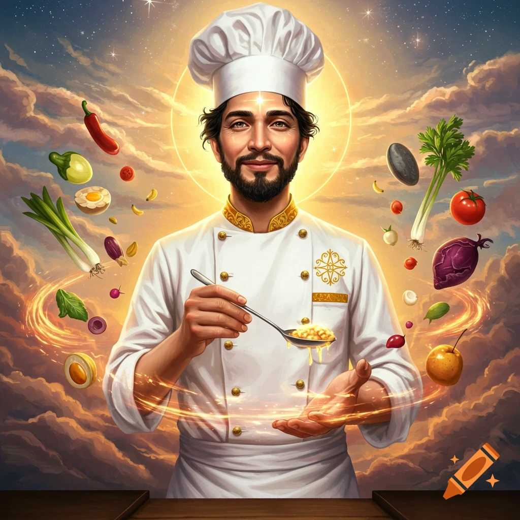 Illustration of a divine chef with a halo and light effects, surrounded by floating vegetables in a cosmic sky.