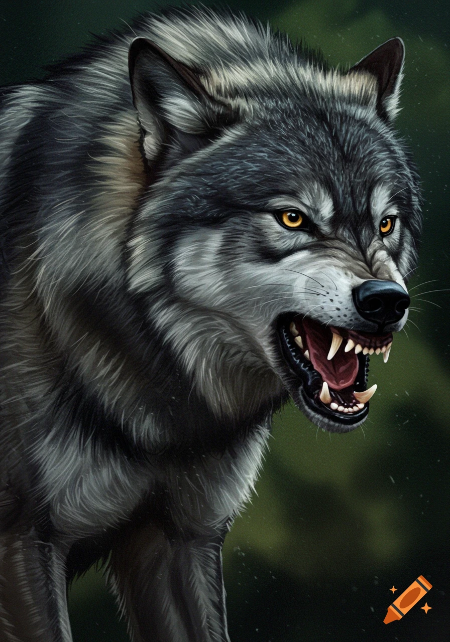 A detailed digital painting of a gray wolf snarling, showing its fangs and yellow eyes.