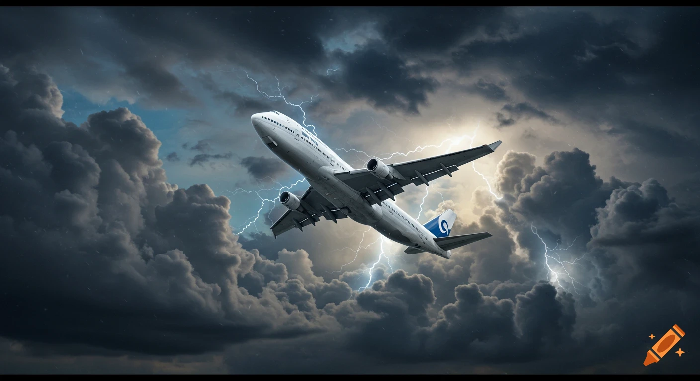 A large passenger jet flies through a dark storm with lightning flashes.