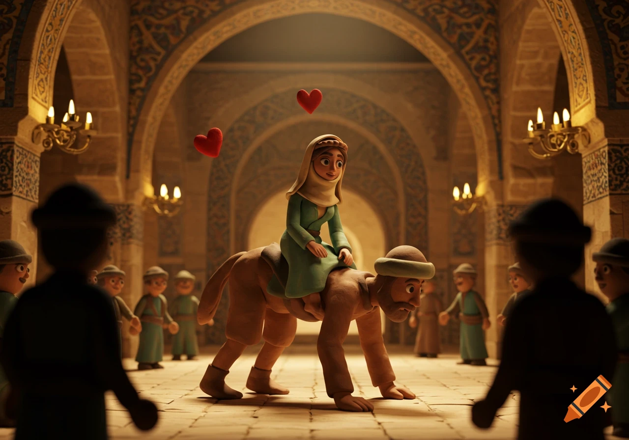 Claymation woman rides on man bent like a mount in a detailed Arabic palace.