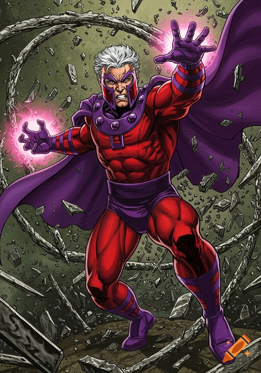 Comic art illustration of Magneto levitating debris with his powers.