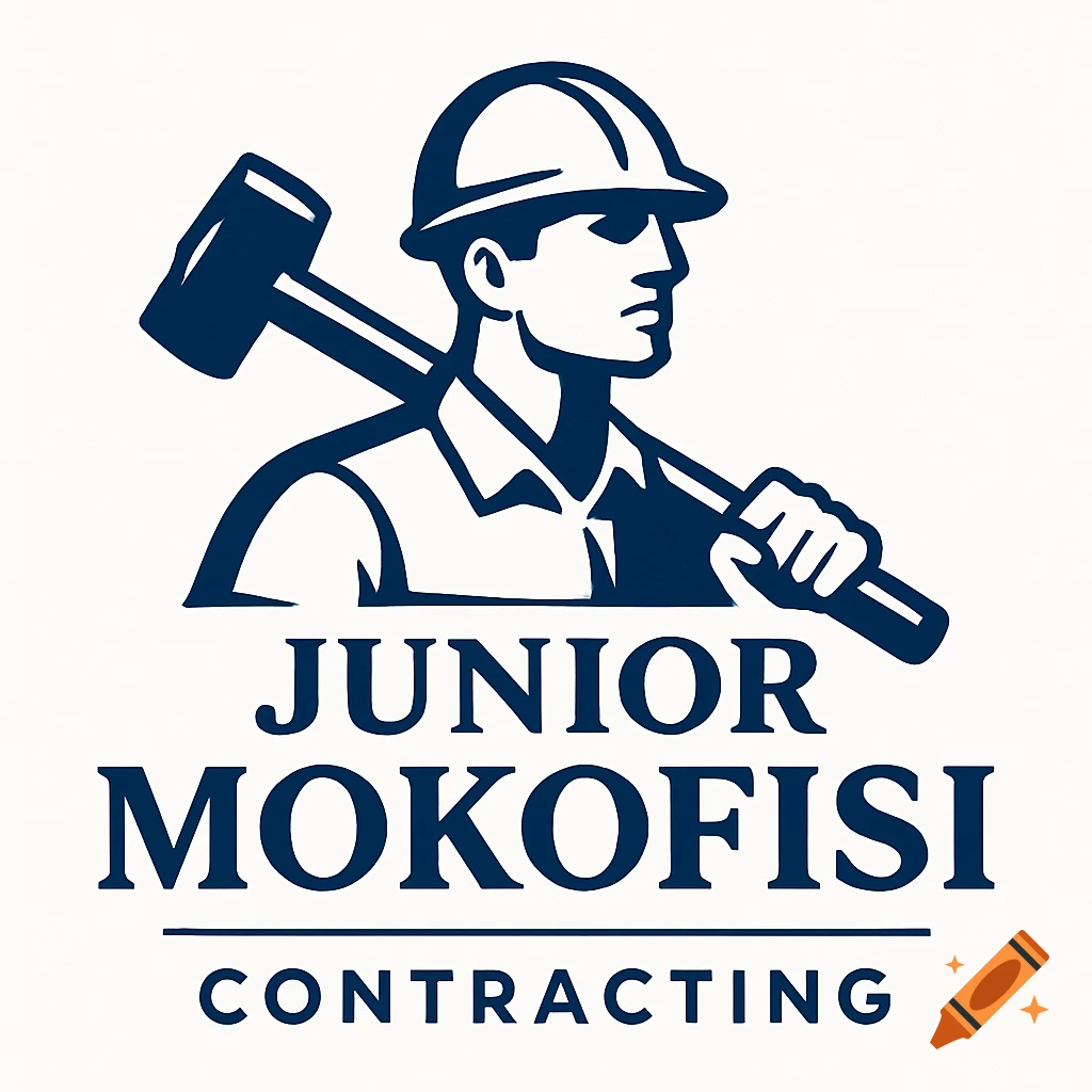 Logo illustration of a construction worker holding a hammer with text "Junior Mokofisi Contracting".