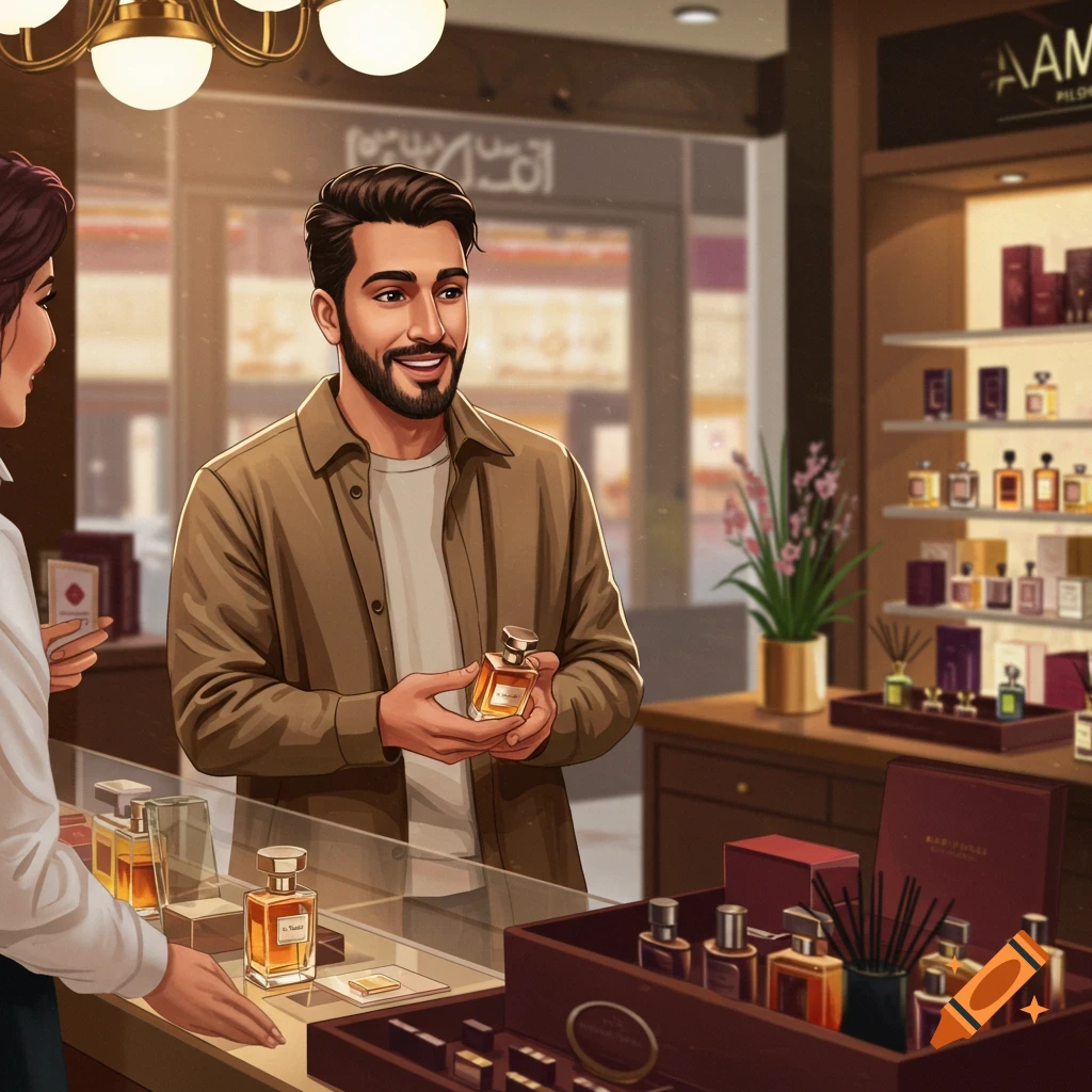 Man holding perfume bottle in a shop, talking to a salesperson. Illustrative style.