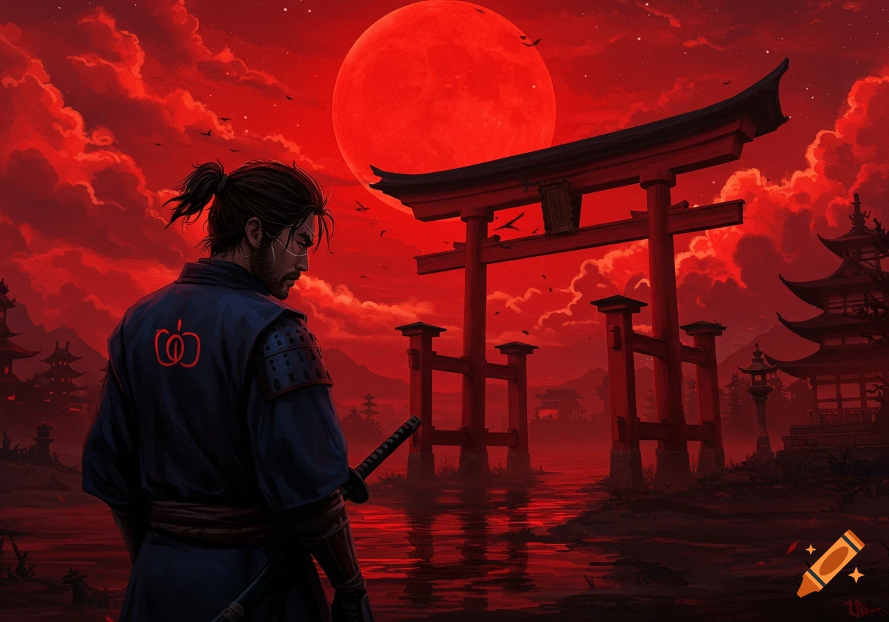 A samurai stands before a red torii gate under a huge red blood moon in a Japanese landscape.
