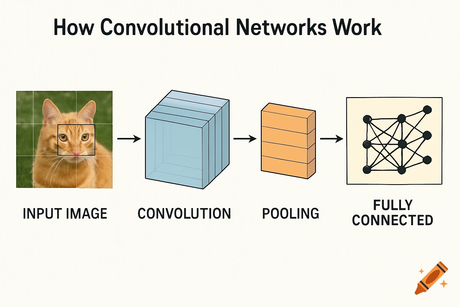 Diagram illustrating how convolutional networks work, showing an input image of a cat processed through convolution, pooling, and fully connected layers.