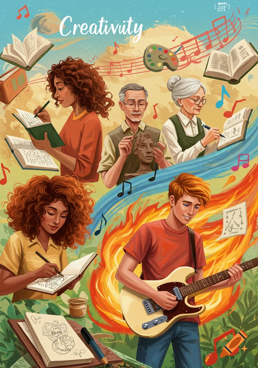 Digital illustration of diverse people engaged in creative activities like writing, sculpting, painting, and playing music.
