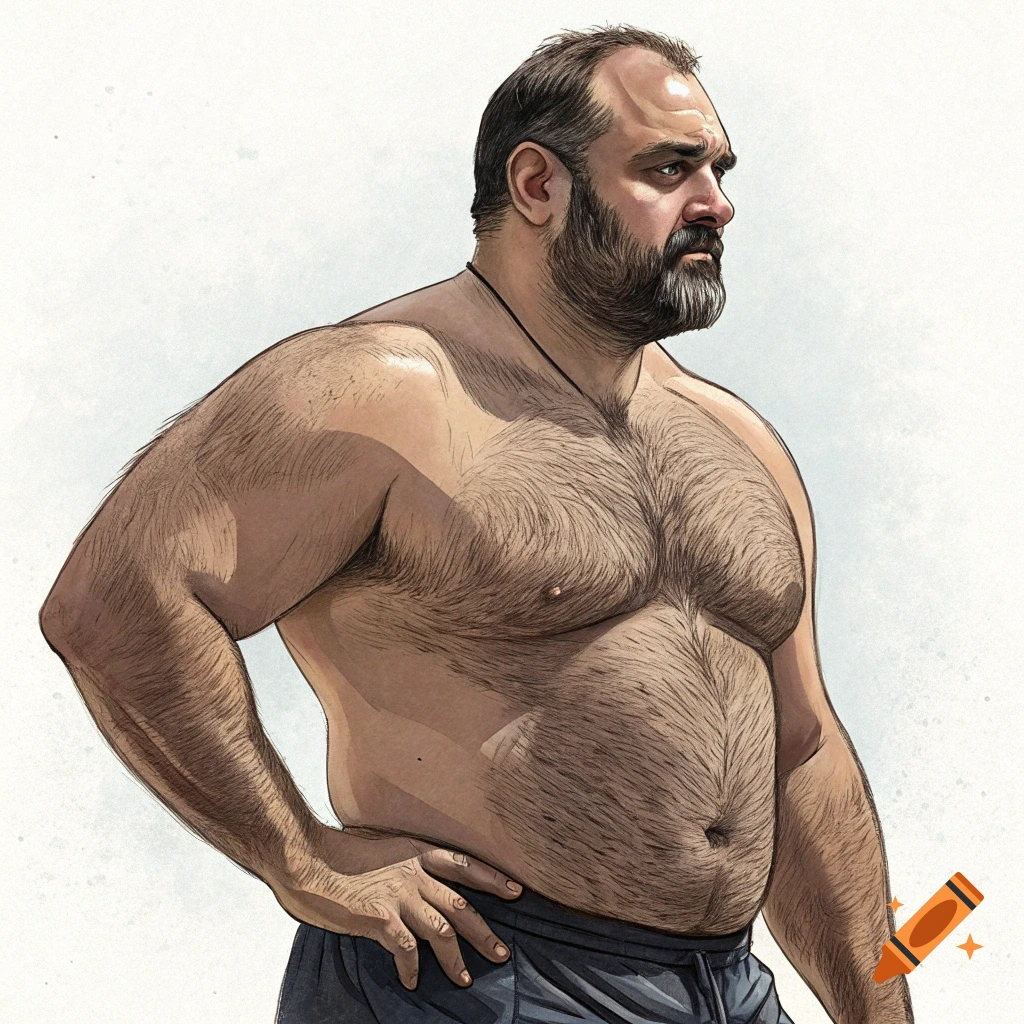 Illustration of a large, hairy man posing with his hand on his hip.