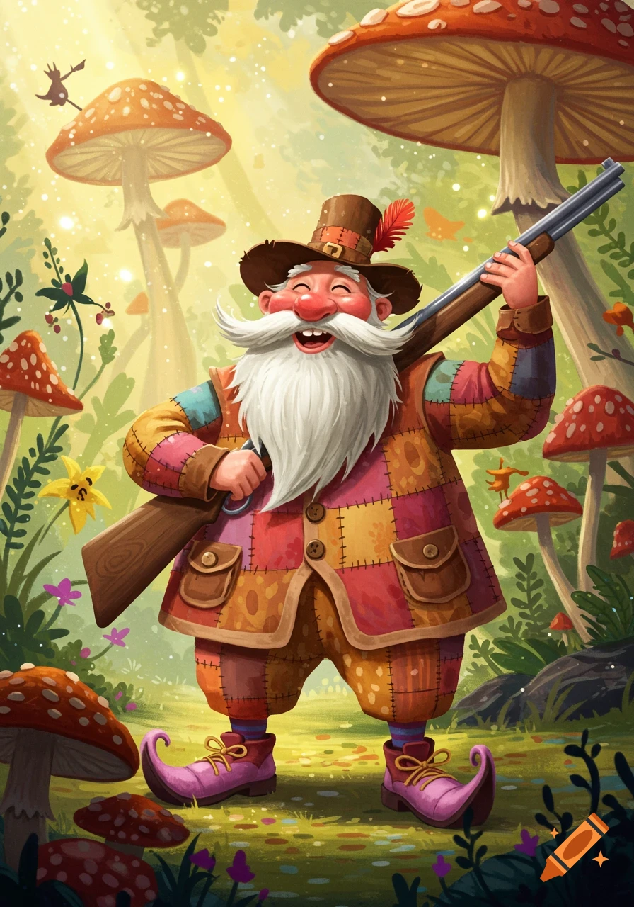 Happy gnome hunter with rifle in a mushroom forest illustration.