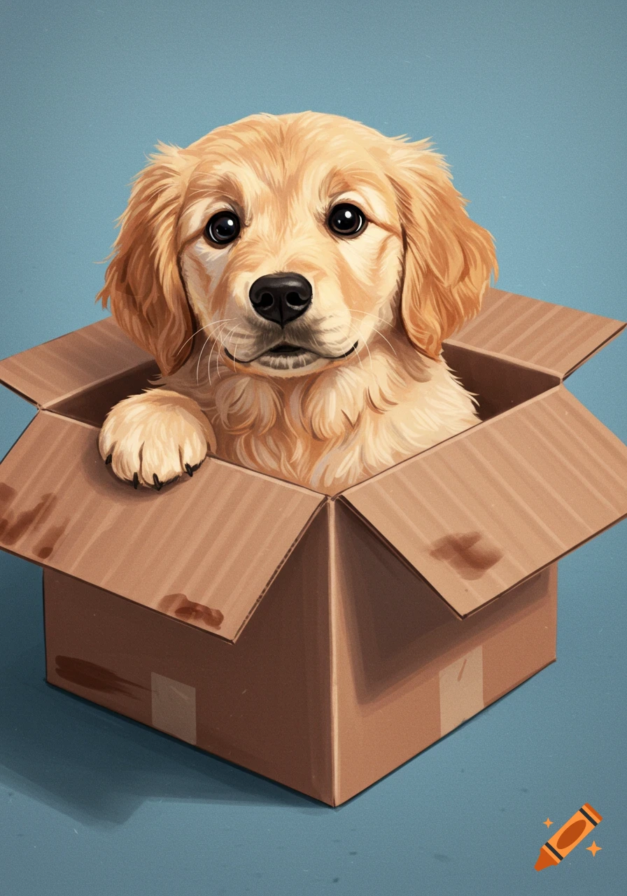 A golden retriever puppy looks out from an open cardboard box.