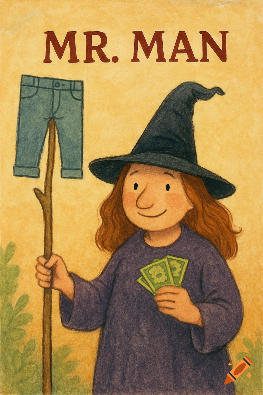 A witch character holding money and a stick with a pair of jeans on it, in a children's book illustration style.