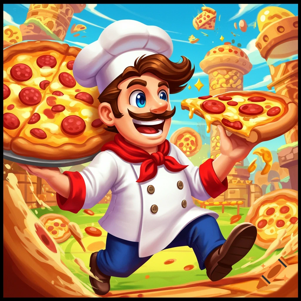 Cartoon chef running with large pizzas in a bright, stylized, game-like environment with flying pizzas.