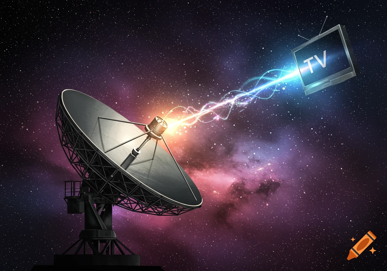 A satellite dish transmits a signal to a vintage TV in deep space.
