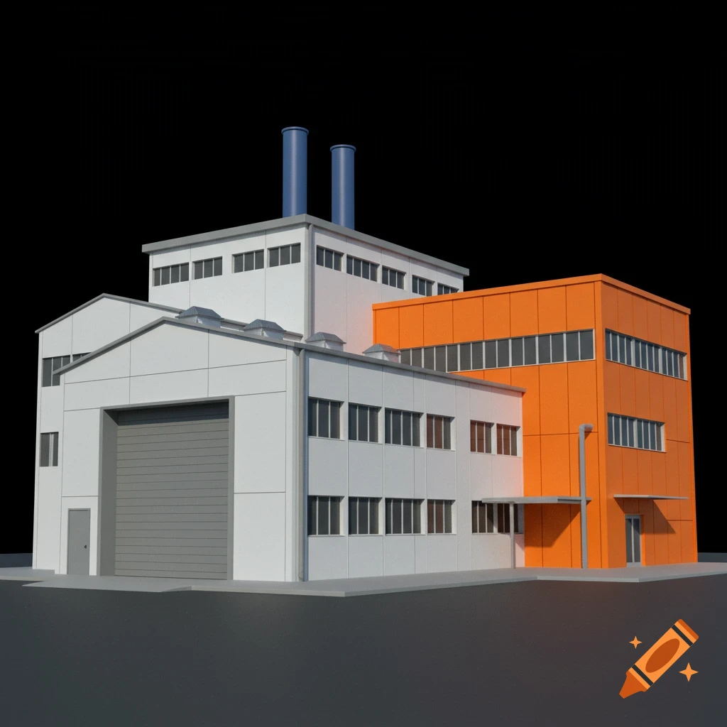 3D rendering of a modern white and orange industrial building against a black background.