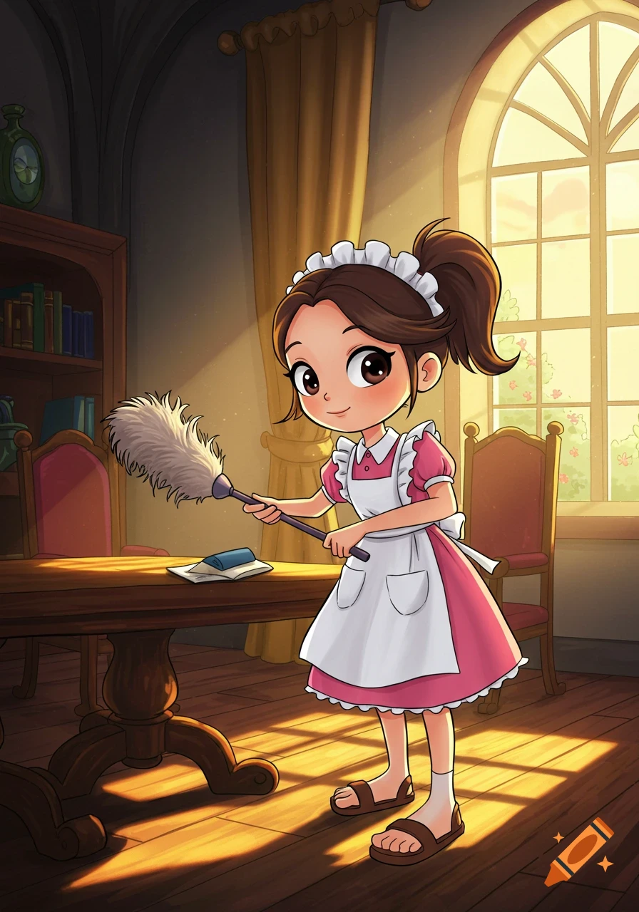 Cartoon maid girl cleaning a room with a feather duster in sunlight