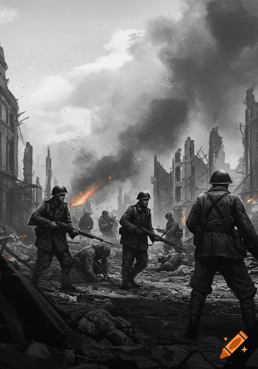 Grayscale illustration of soldiers in a ruined city amidst smoke and fire.