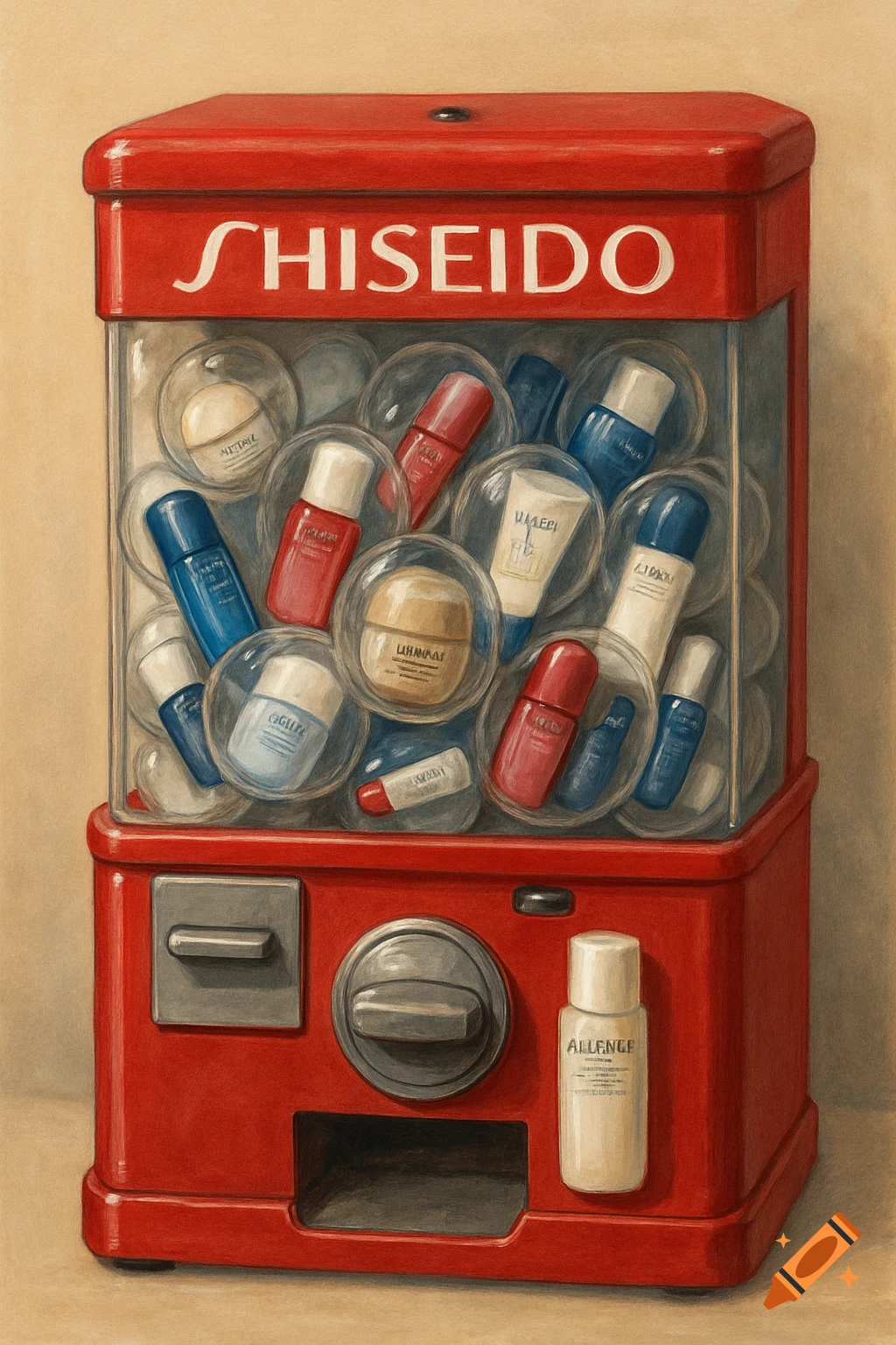 A painting of a red gashapon machine filled with capsules containing various cosmetic products.
