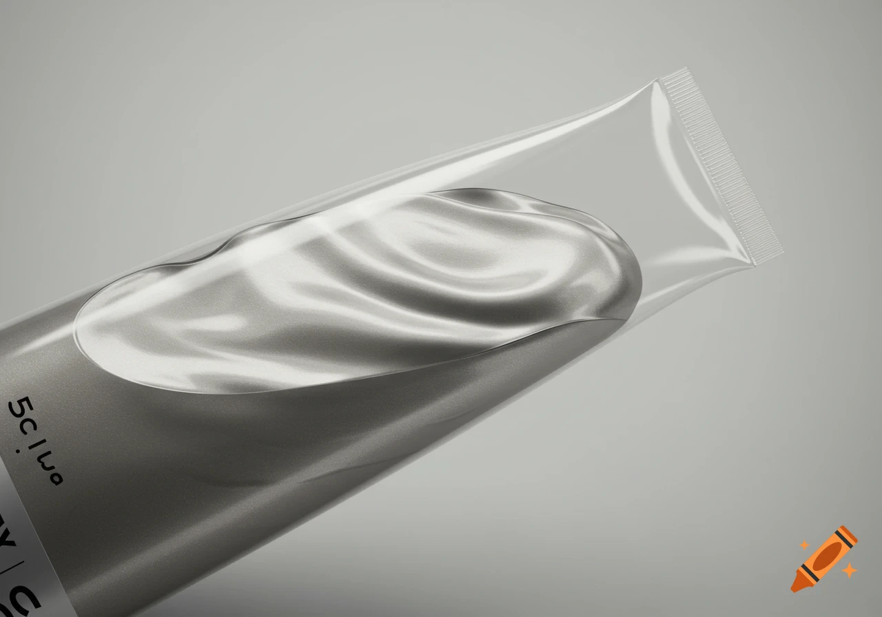 Close-up of a silver tube with a visible liquid swirl, likely a cosmetic or supplement product.