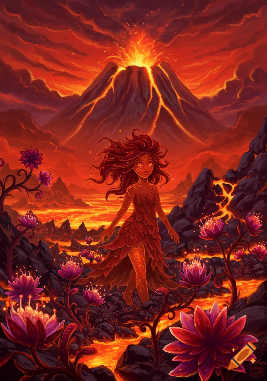 Fantasy illustration of a lava girl walking through a volcanic landscape with glowing flowers and a erupting volcano.