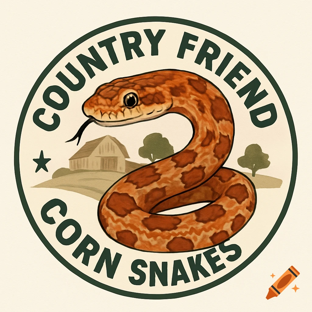 A circular logo featuring a corn snake coiled around a barn and trees, with the text "COUNTRY FRIEND CORN SNAKES" and a star.