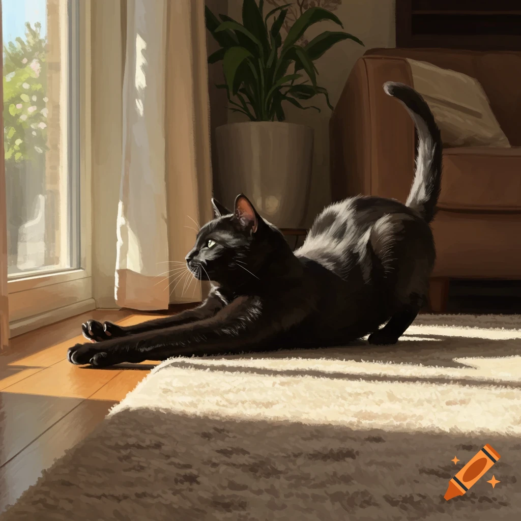 A black cat stretches on a rug in a sunlit room.