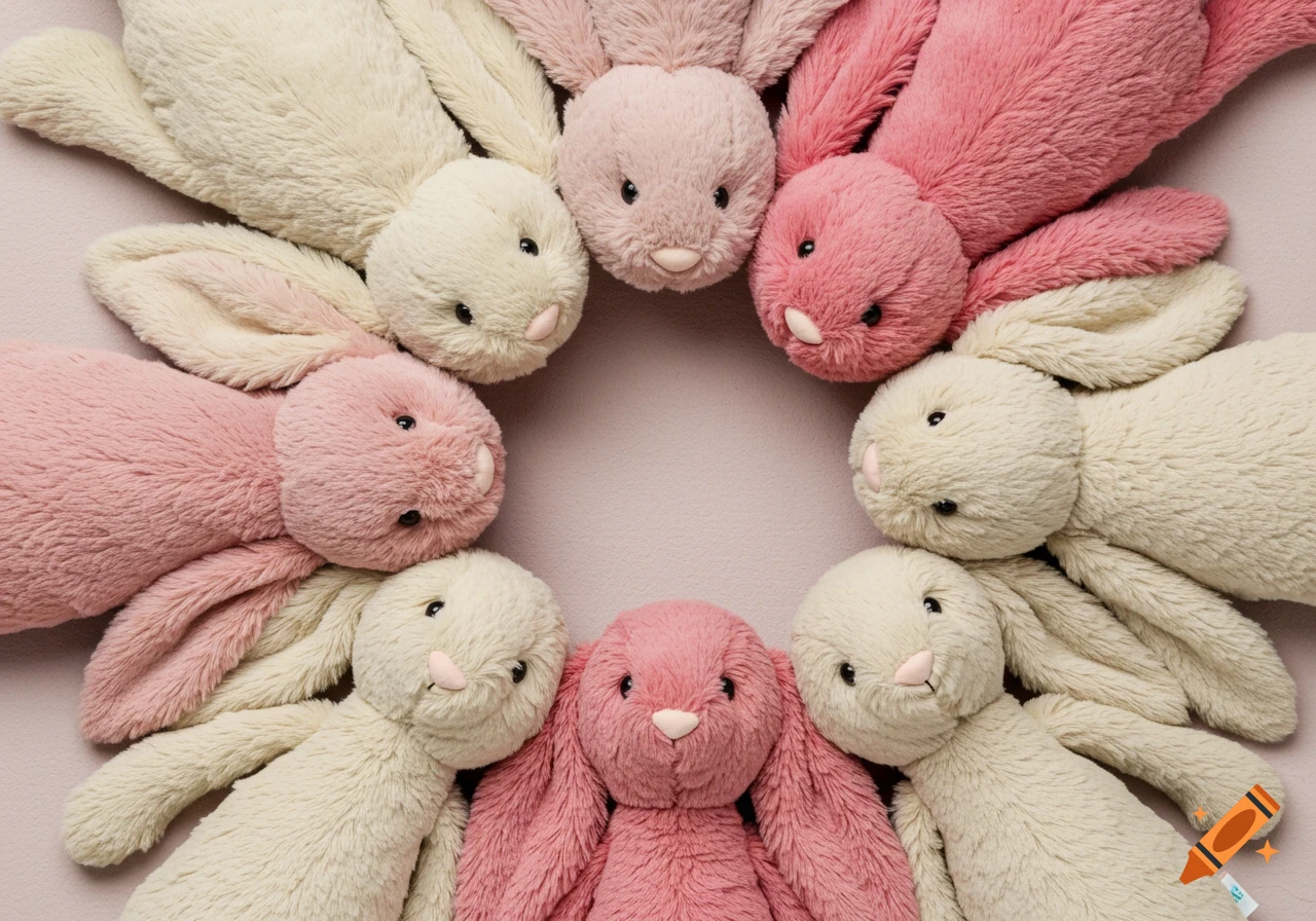 A circle of pink and white stuffed bunnies.