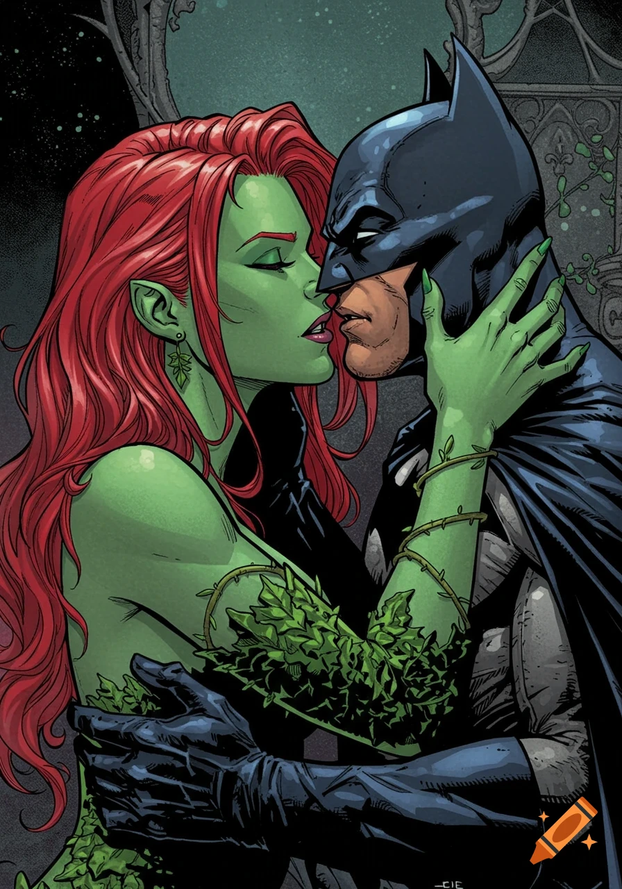 Poison Ivy and Batman share a kiss in a comic book style illustration.