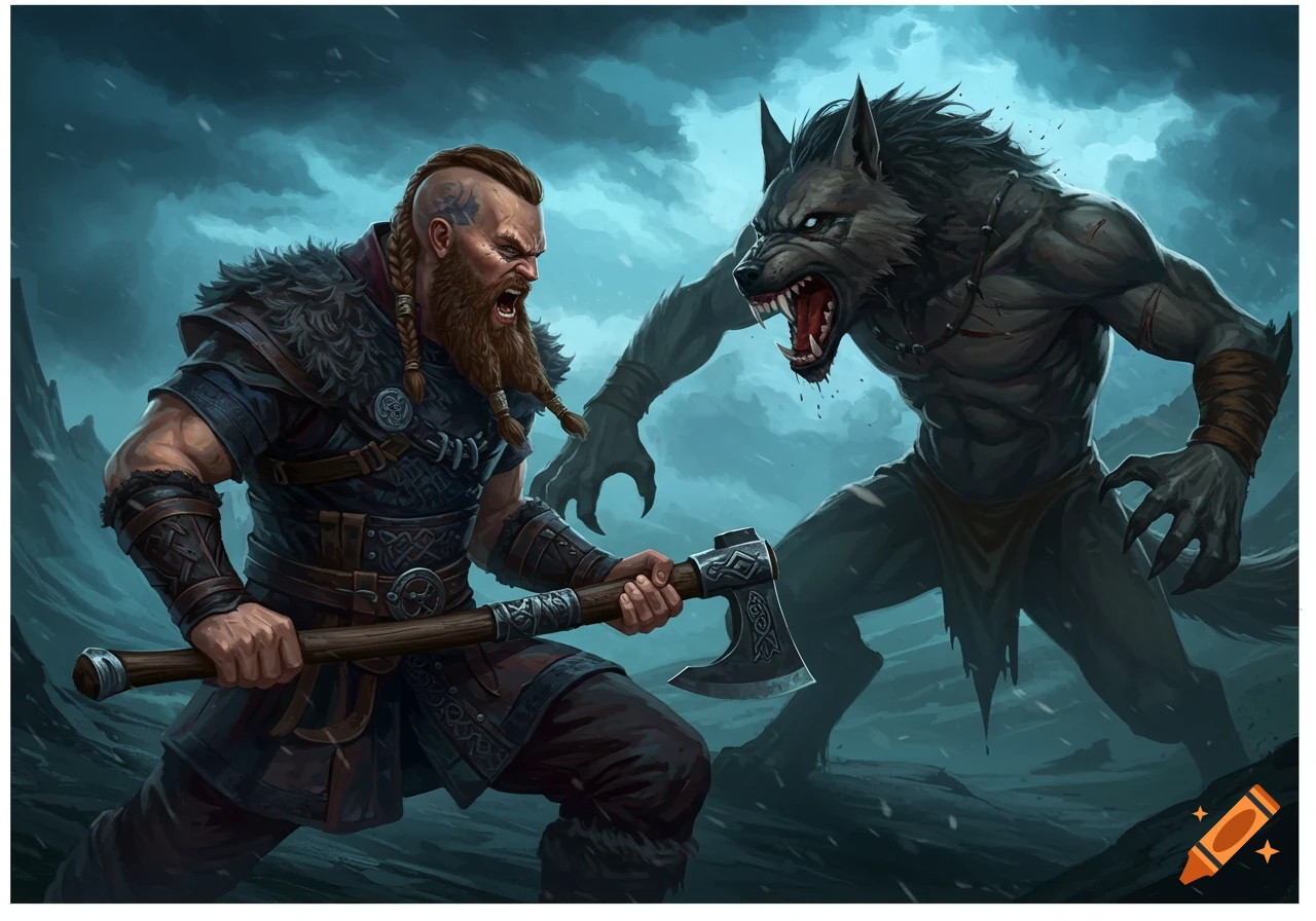 A viking with an axe battles a snarling werewolf in a snowy, stormy landscape.