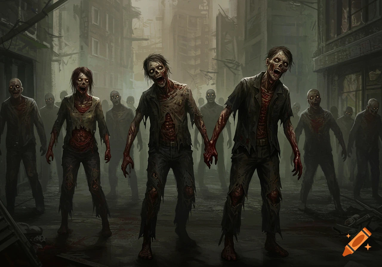 A horde of zombies walks down a street in a dark, misty city.