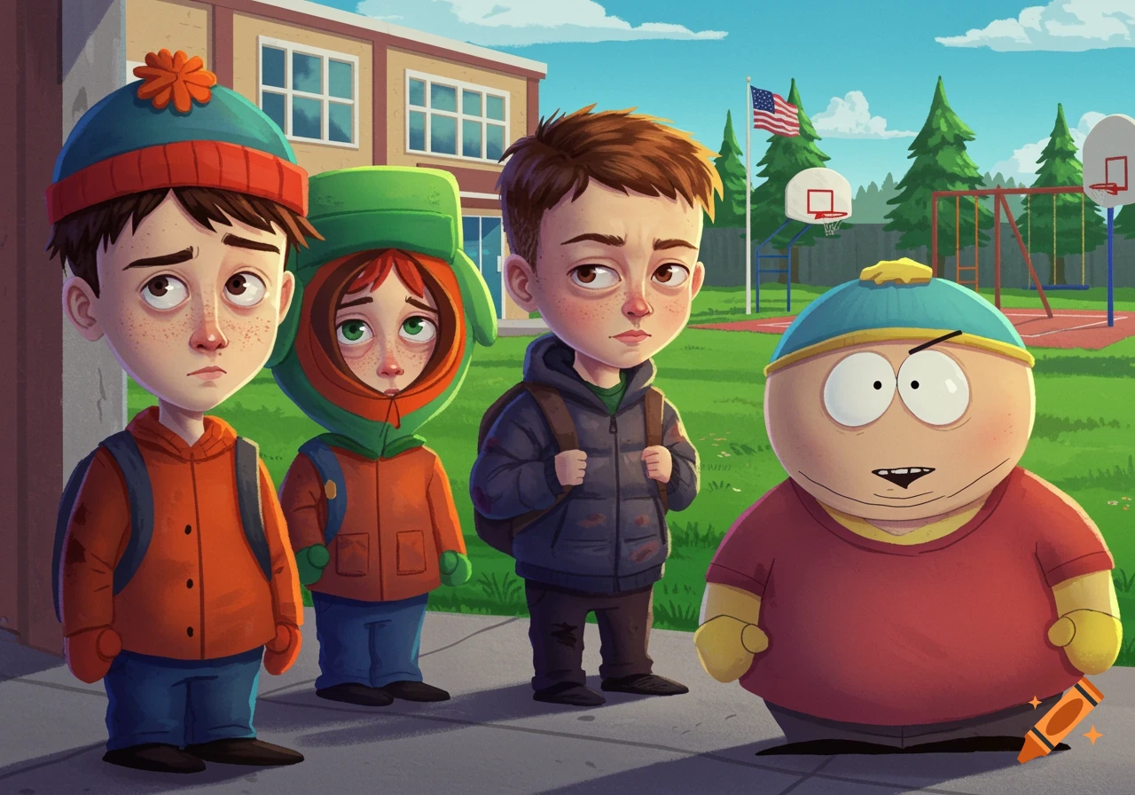 Stylized South Park characters (Stan, Kyle, third boy, Cartman) standing outside a school in the afternoon.