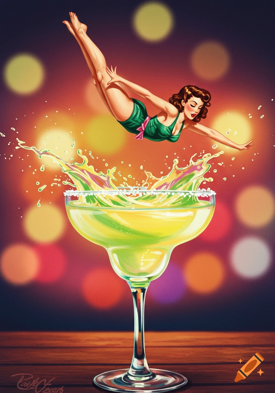 Illustration of a pin-up girl diving into a margarita cocktail