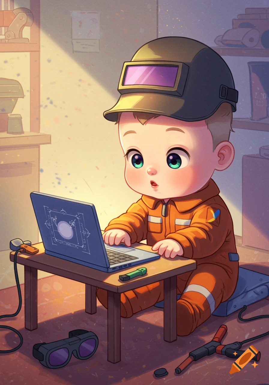 Cute illustration of a baby wearing a welding helmet and orange coveralls, sitting at a table using a laptop with diagrams on the screen, surrounded by tools.