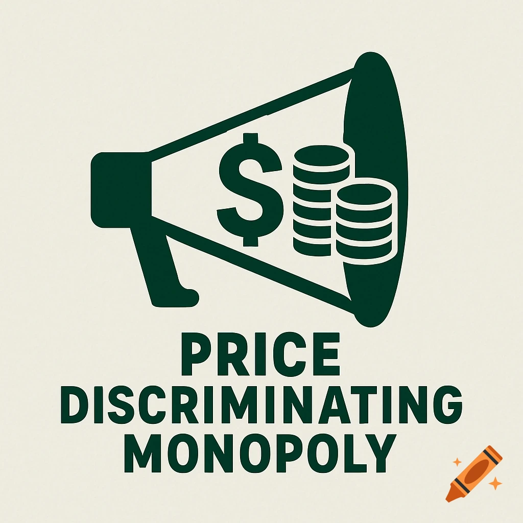 Green illustration of a megaphone with a dollar sign and stacked coins inside, above the text 'PRICE DISCRIMINATING MONOPOLY'.