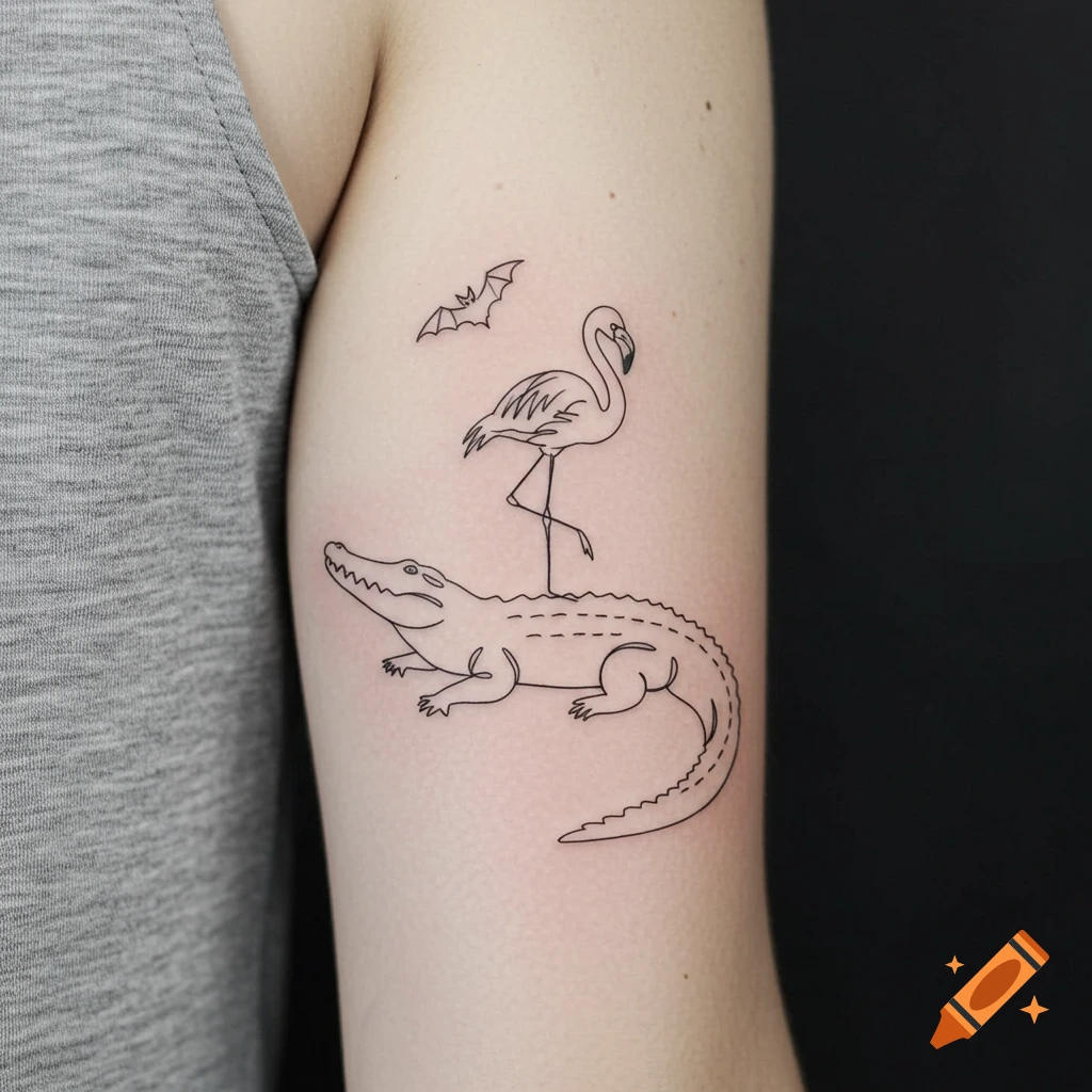 Minimalist line tattoo of a crocodile with a flamingo on its back and a bat above on an arm.