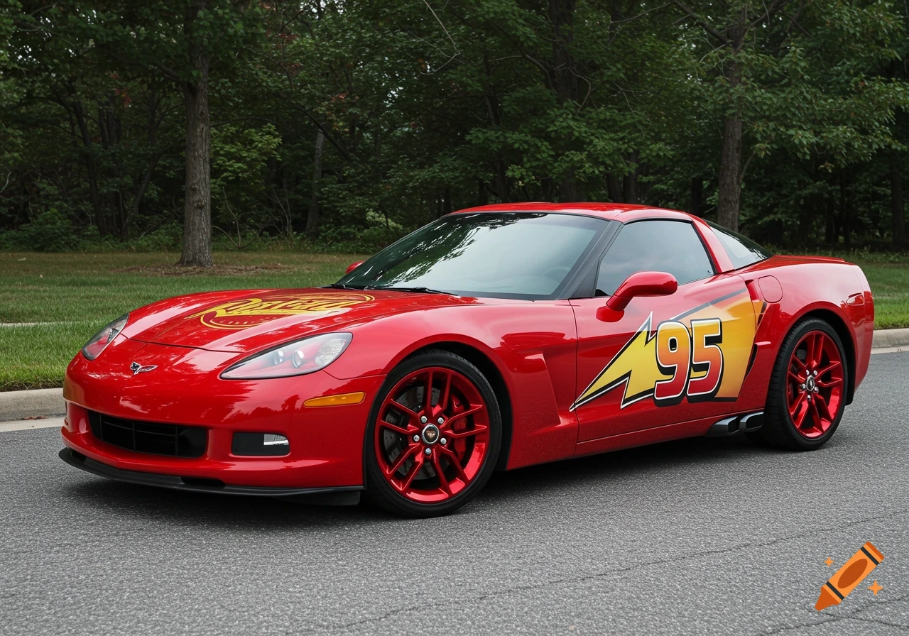Red Corvette sports car wrapped as Lightning McQueen from the movie Cars, with number 95 and red rims.