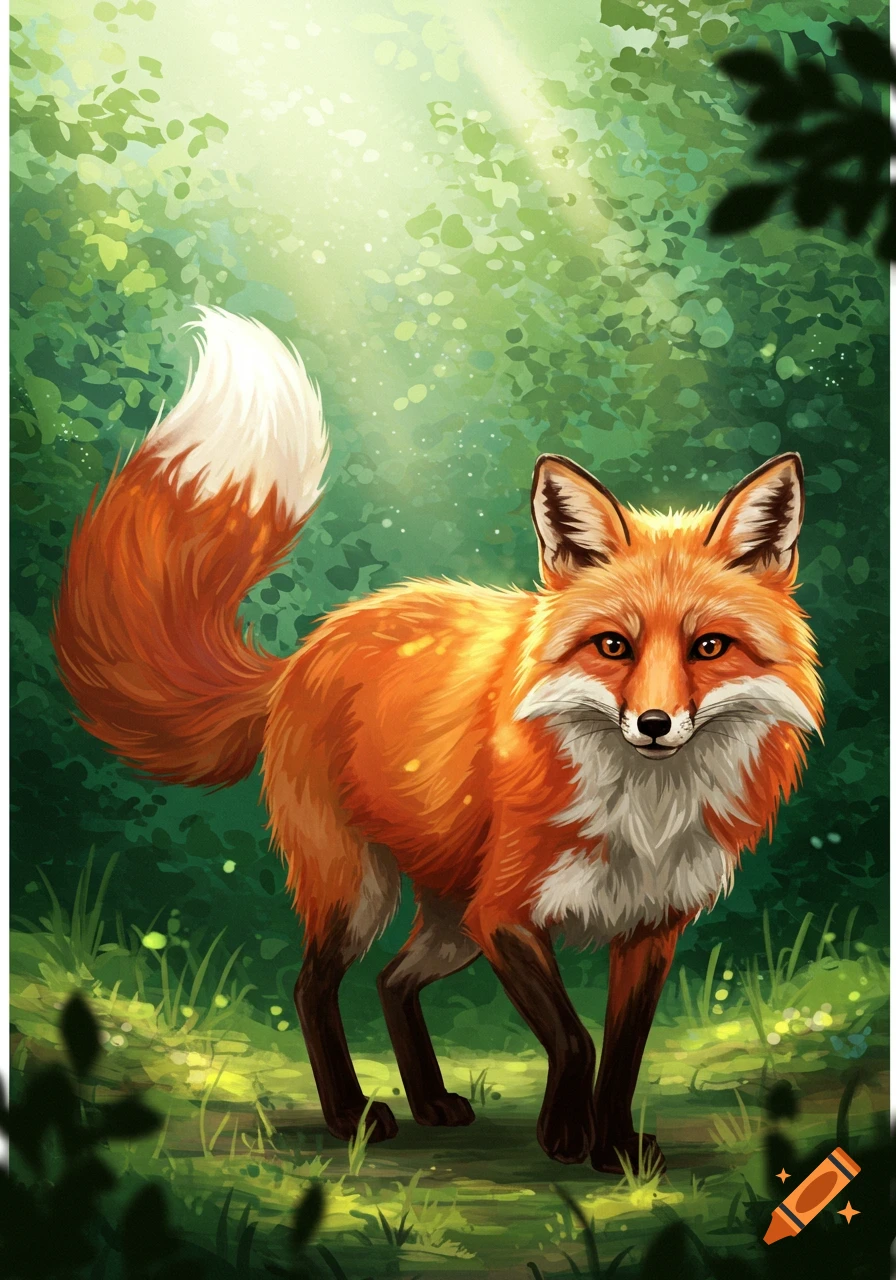 An illustration of a red fox standing in a sunlit forest.