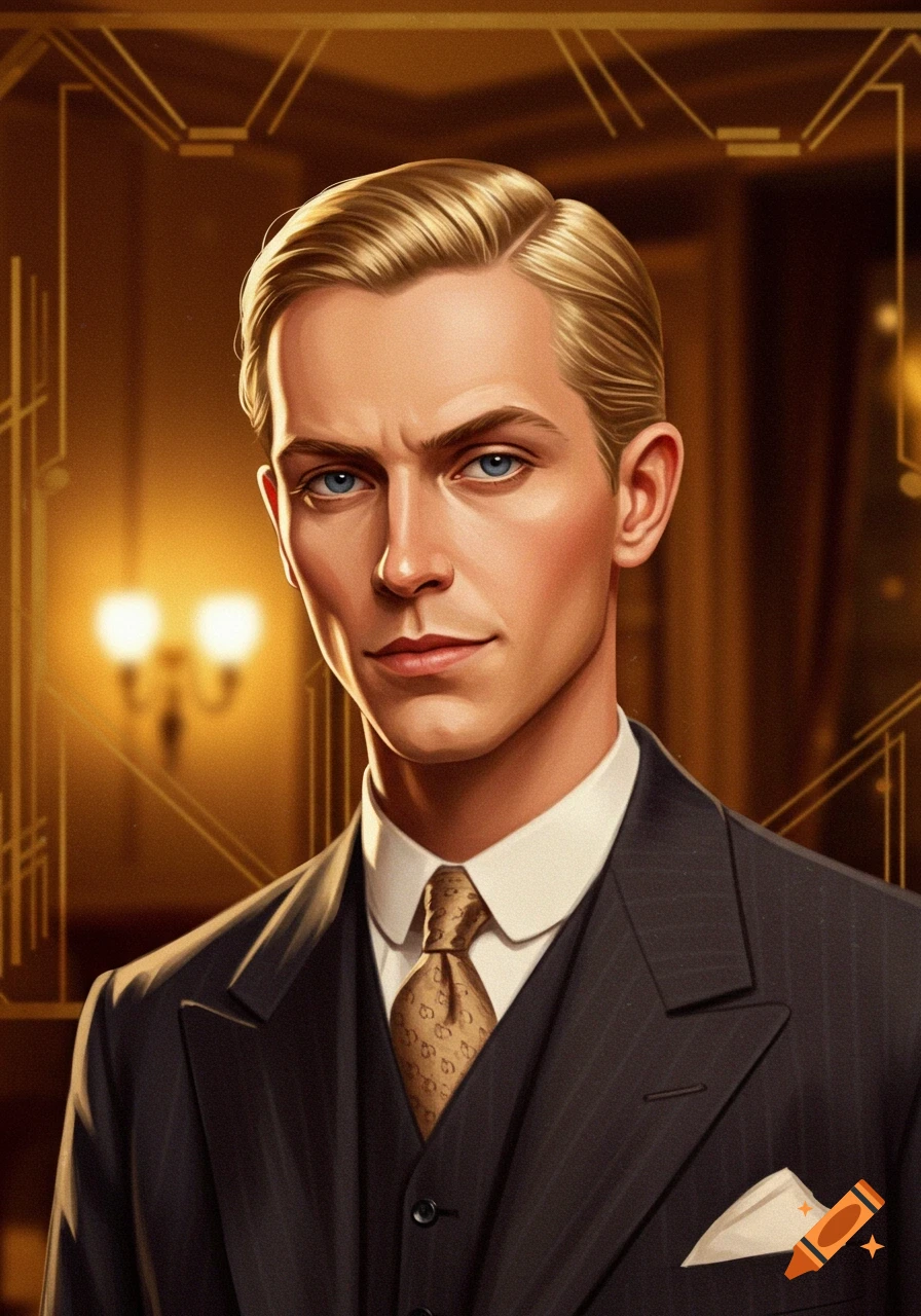 Portrait of a blonde young man in a 1920s suit and tie against an art deco background.