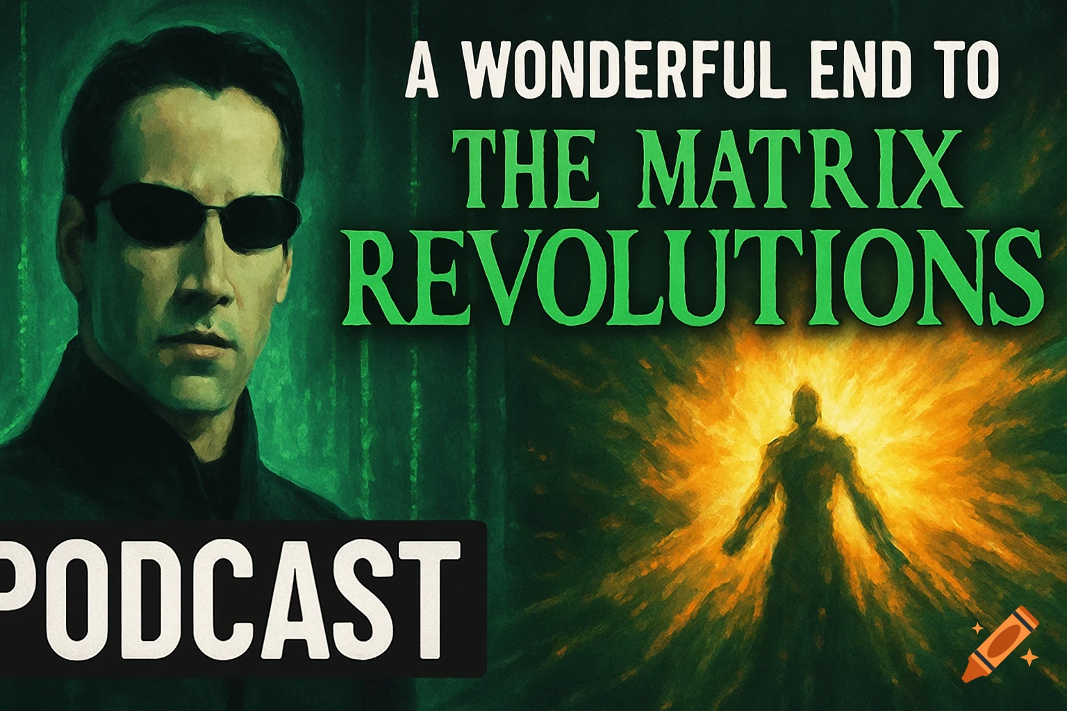 Matrix podcast thumbnail with Neo, text 'A Wonderful End To The Matrix Revolutions', and a figure in light
