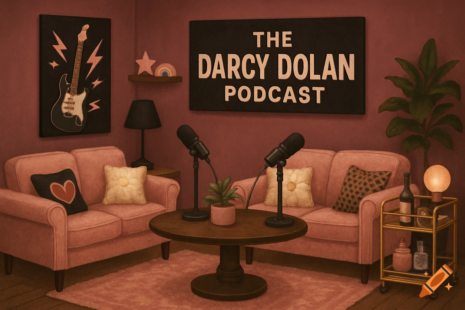 A cozy podcast studio set with pink couches, microphones, and a sign that says 'THE DARCY DOLAN PODCAST'.