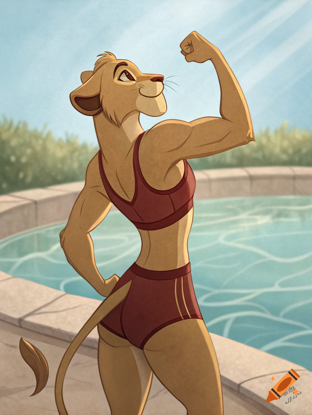 A muscular anthropomorphic lioness in workout clothes flexing by a pool in a cartoon style.