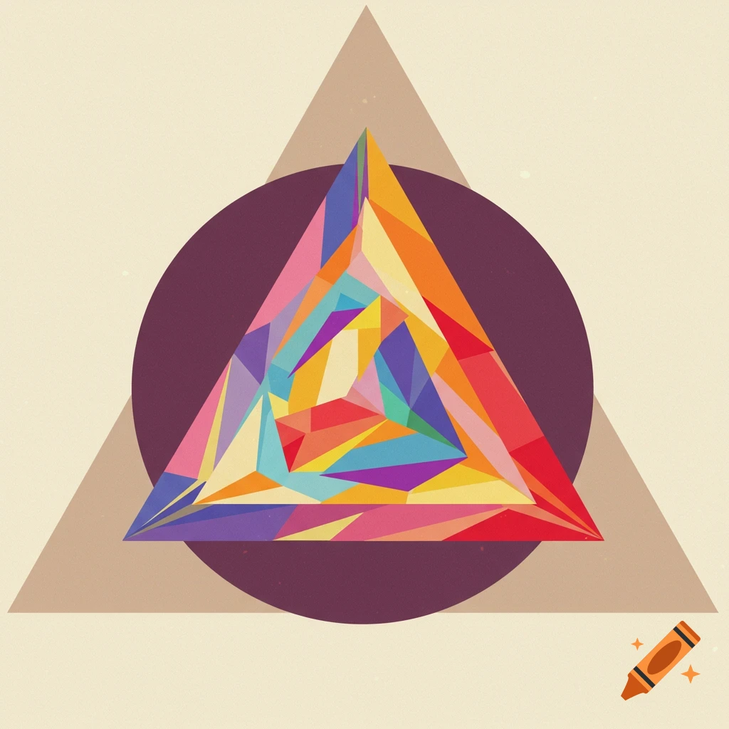 A colorful geometric abstract design featuring a multi-colored triangle composed of smaller triangles, centered within a dark circle, against a light background with a larger, faint triangle behind.