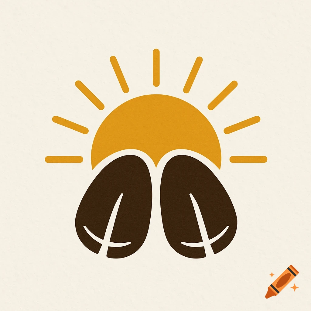 Minimalist logo with an orange sun above two dark brown shapes.