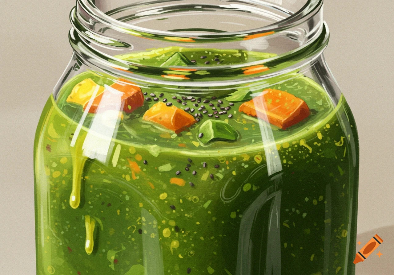 Green smoothie in a glass jar with chunks and seeds, realistic illustration