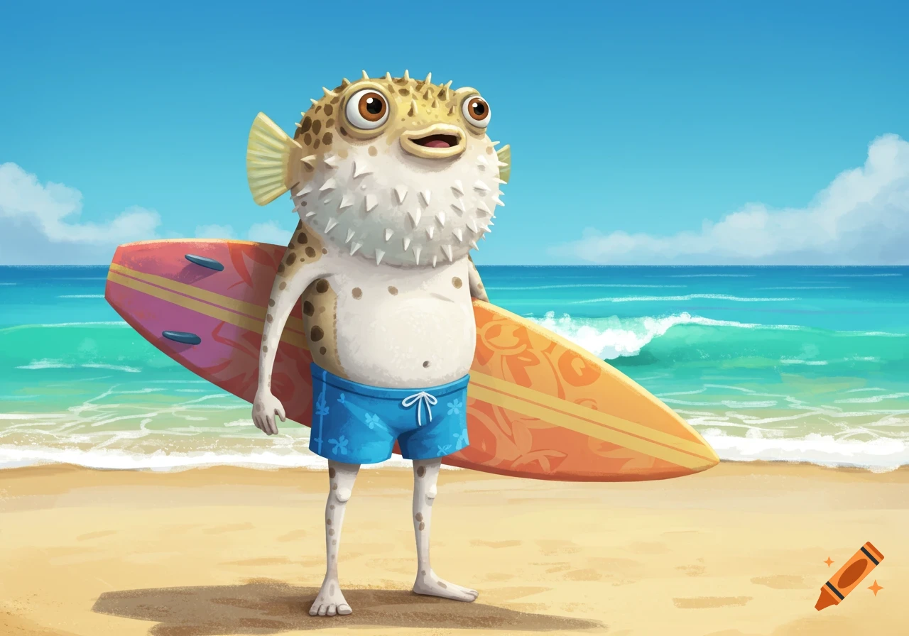 A cartoon pufferfish character wearing blue swim trunks stands on a beach holding a surfboard.