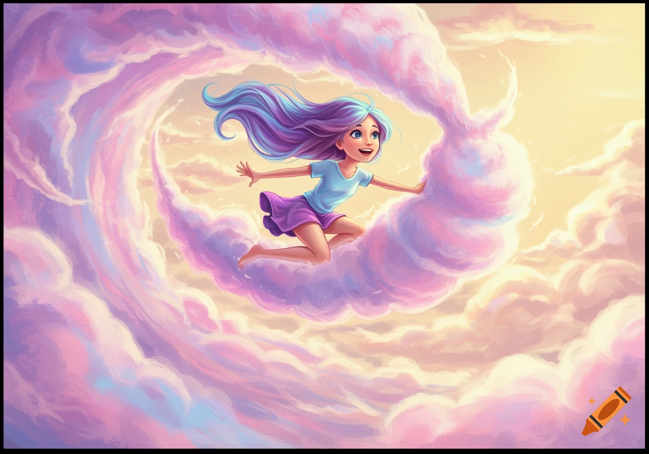Cartoon girl with purple and blue hair surfing on pink and purple clouds against a sky background.