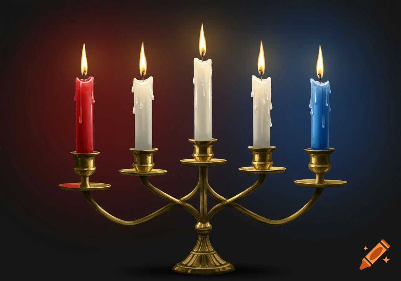 Five-branched candelabra with lit red, white, and blue candles.