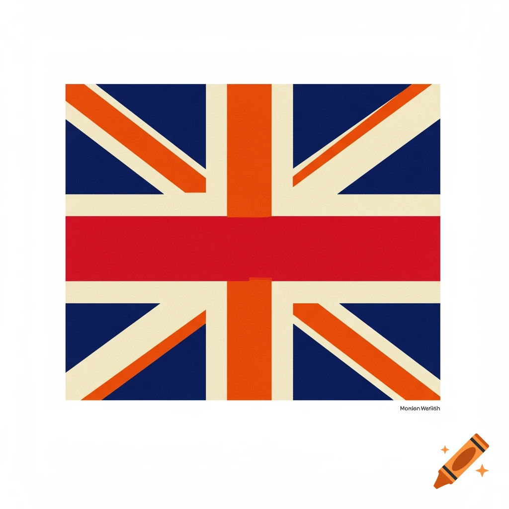 Stylized Union Jack flag with blue, orange, and cream colors and a red horizontal stripe.