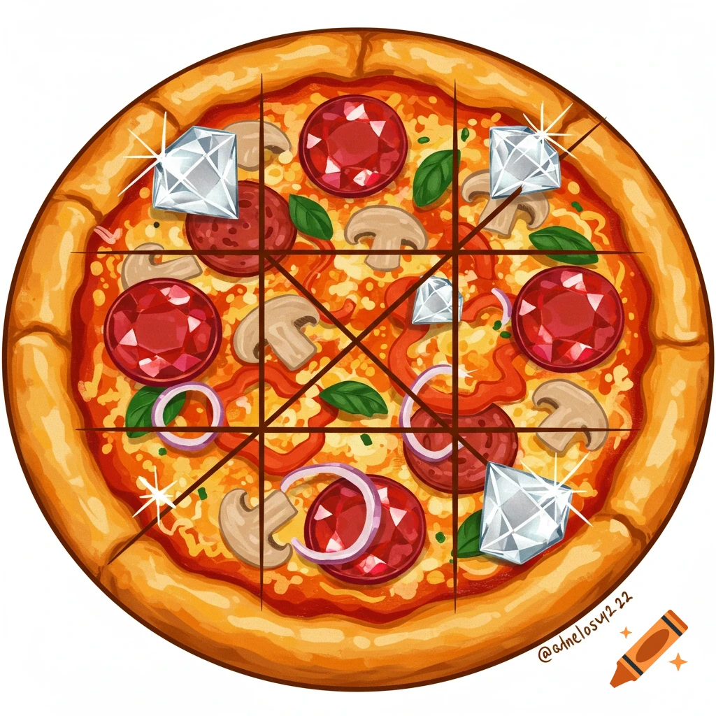 Cartoon pizza with ruby and diamond toppings, arranged like a tic-tac-toe board.