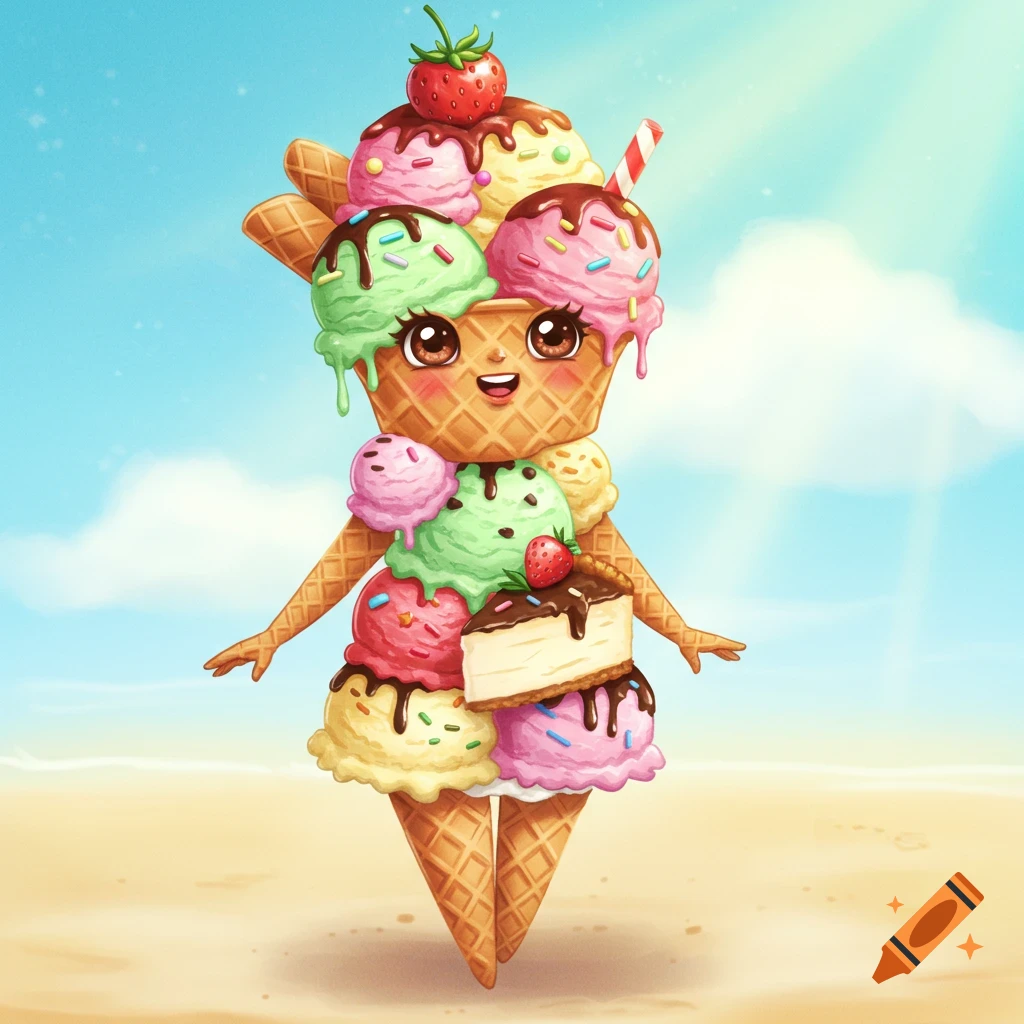 A cute cartoon character made of ice cream scoops, waffle cone head, arms, and legs stands on a beach.